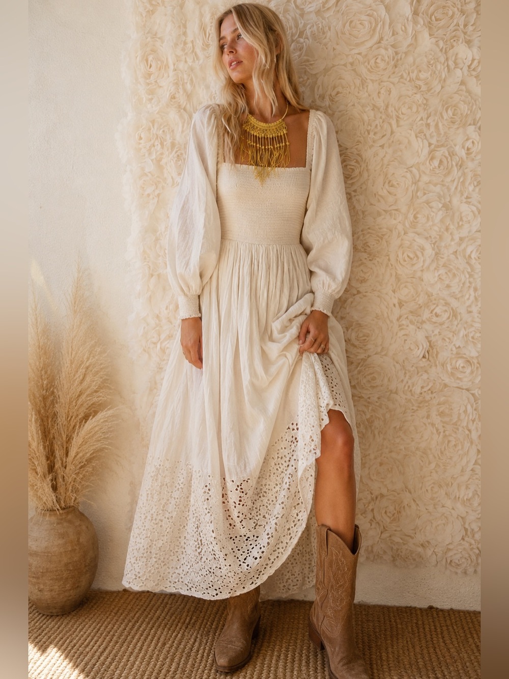 Free People Cream Eyelet Maxi Dress with Puff Sleeves 100% cotton NWOT